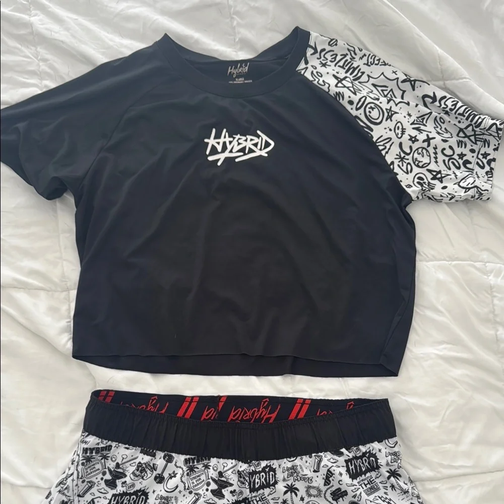 Hybrid Black and White Graphic Crop Top and Shorts Set - Picture 1 of 5